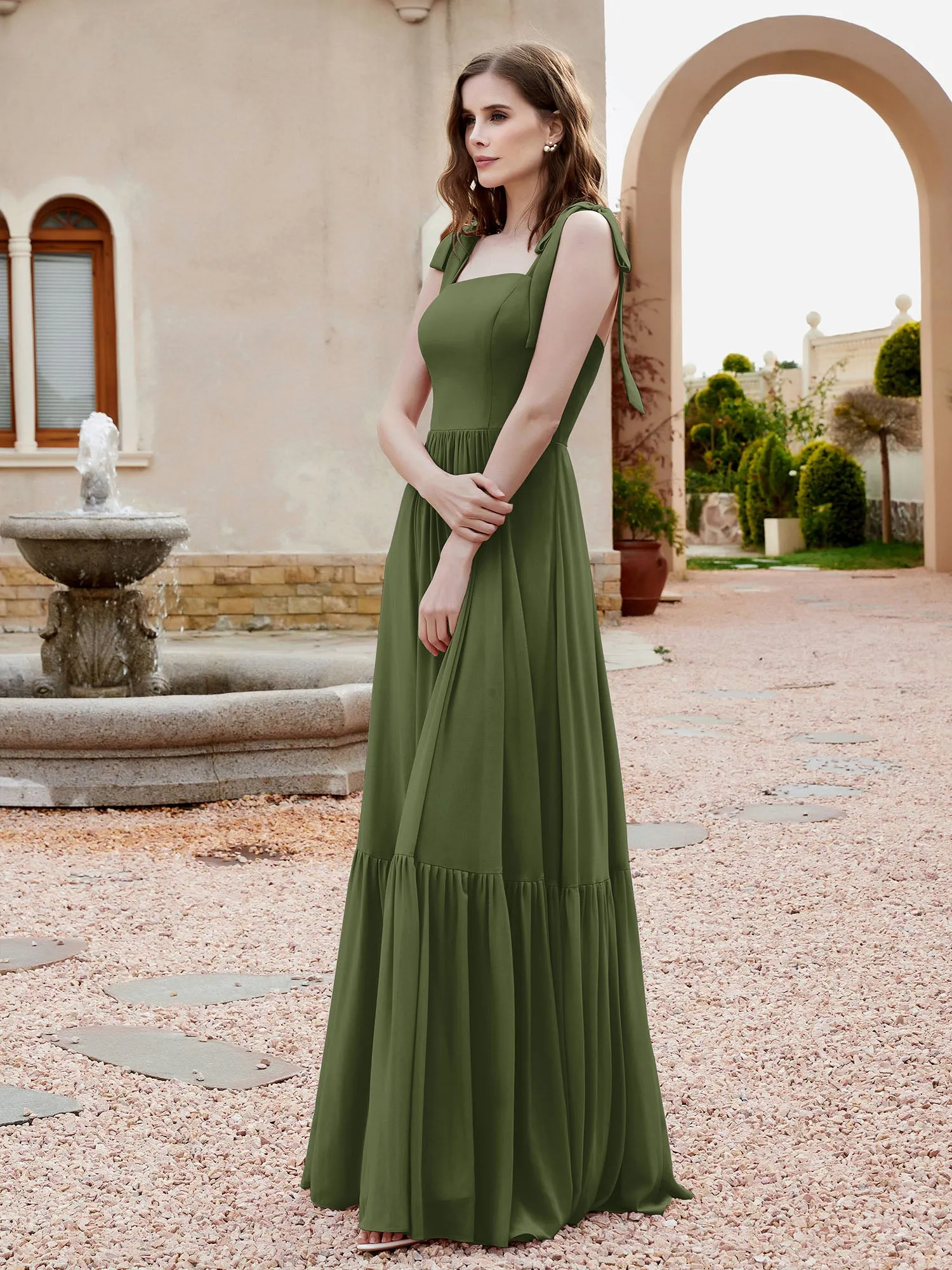 A-Line Bow Ruffle Sleeveless Chiffon Dress Olive Green