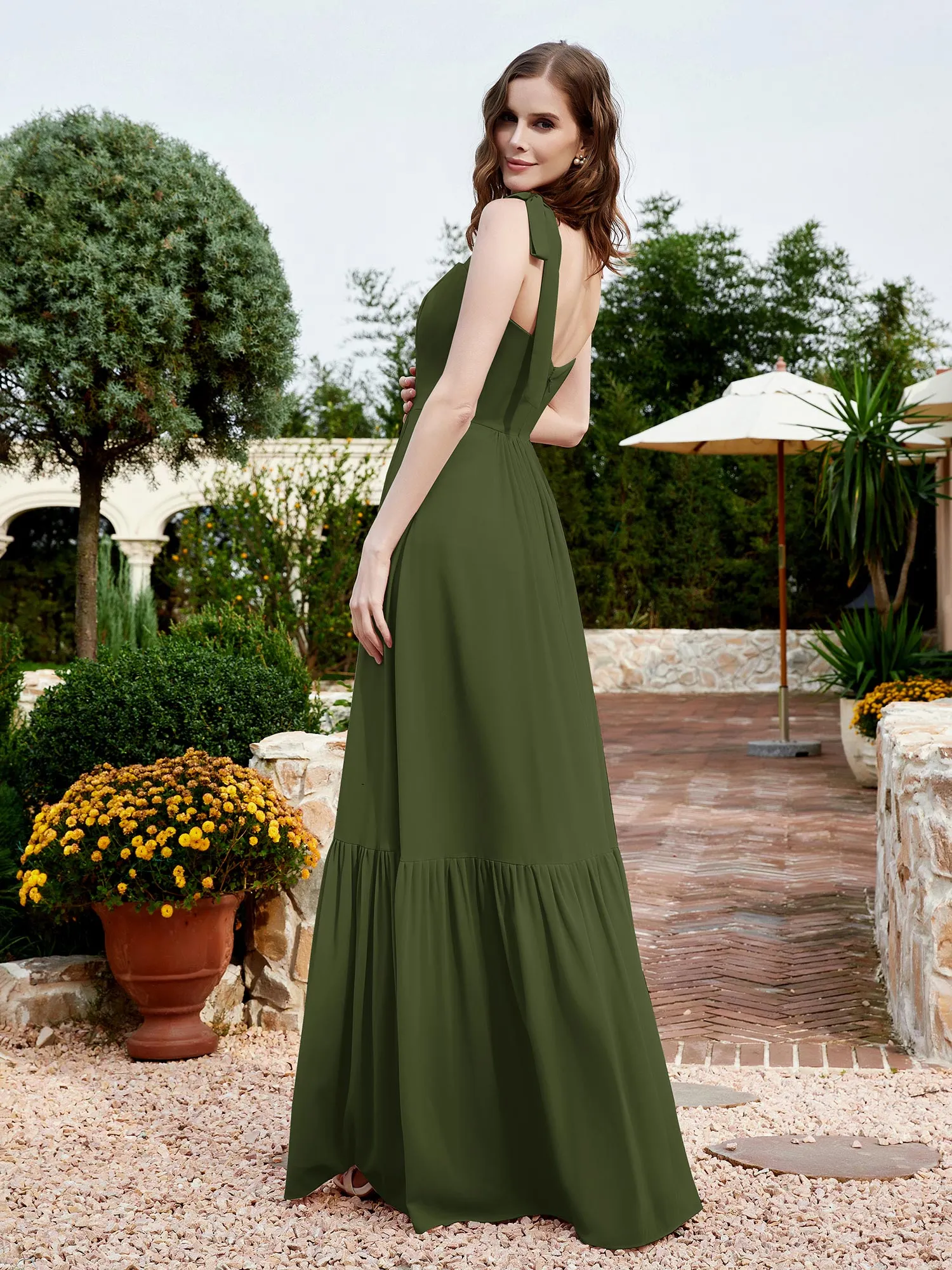 A-Line Bow Ruffle Sleeveless Chiffon Dress Olive Green