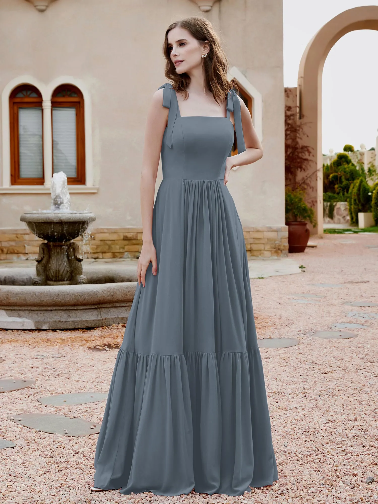 A-Line Bow Ruffle Sleeveless Chiffon Dress Slate Blue