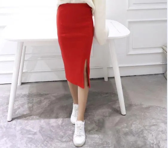 A Little Thick 2016 Autumn Sexy Chic Pencil Skirts Office Look Natural Waist Mid-Calf Solid Skirt Casual Slim Hip Placketing