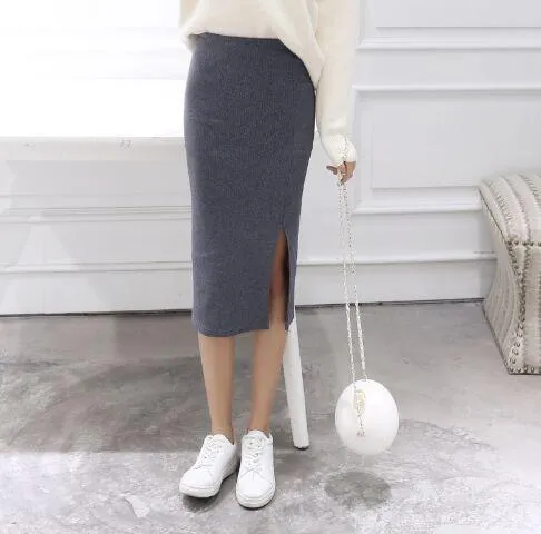 A Little Thick 2016 Autumn Sexy Chic Pencil Skirts Office Look Natural Waist Mid-Calf Solid Skirt Casual Slim Hip Placketing