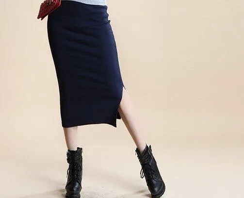 A Little Thick 2016 Autumn Sexy Chic Pencil Skirts Office Look Natural Waist Mid-Calf Solid Skirt Casual Slim Hip Placketing