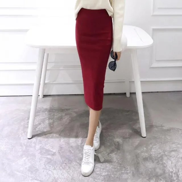 A Little Thick 2016 Autumn Sexy Chic Pencil Skirts Office Look Natural Waist Mid-Calf Solid Skirt Casual Slim Hip Placketing