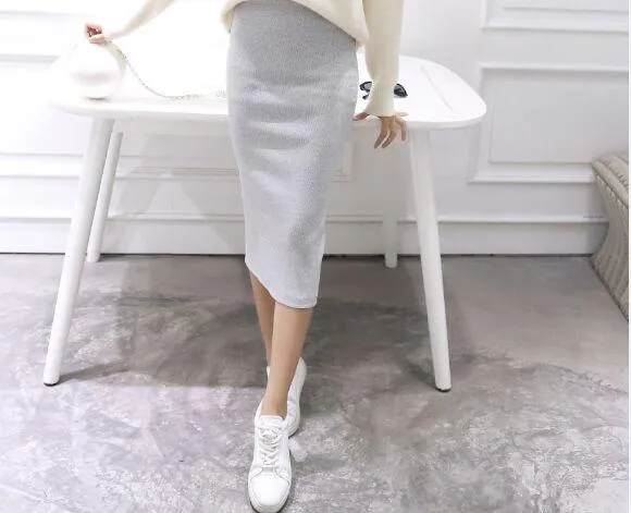 A Little Thick 2016 Autumn Sexy Chic Pencil Skirts Office Look Natural Waist Mid-Calf Solid Skirt Casual Slim Hip Placketing