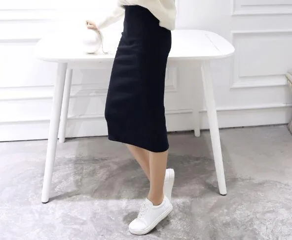 A Little Thick 2016 Autumn Sexy Chic Pencil Skirts Office Look Natural Waist Mid-Calf Solid Skirt Casual Slim Hip Placketing