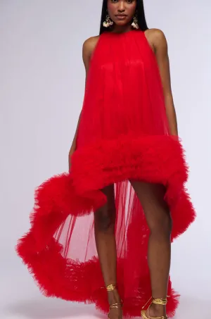 ARI TULLE RUFFLE HIGH LOW MINI DRESS IN RED