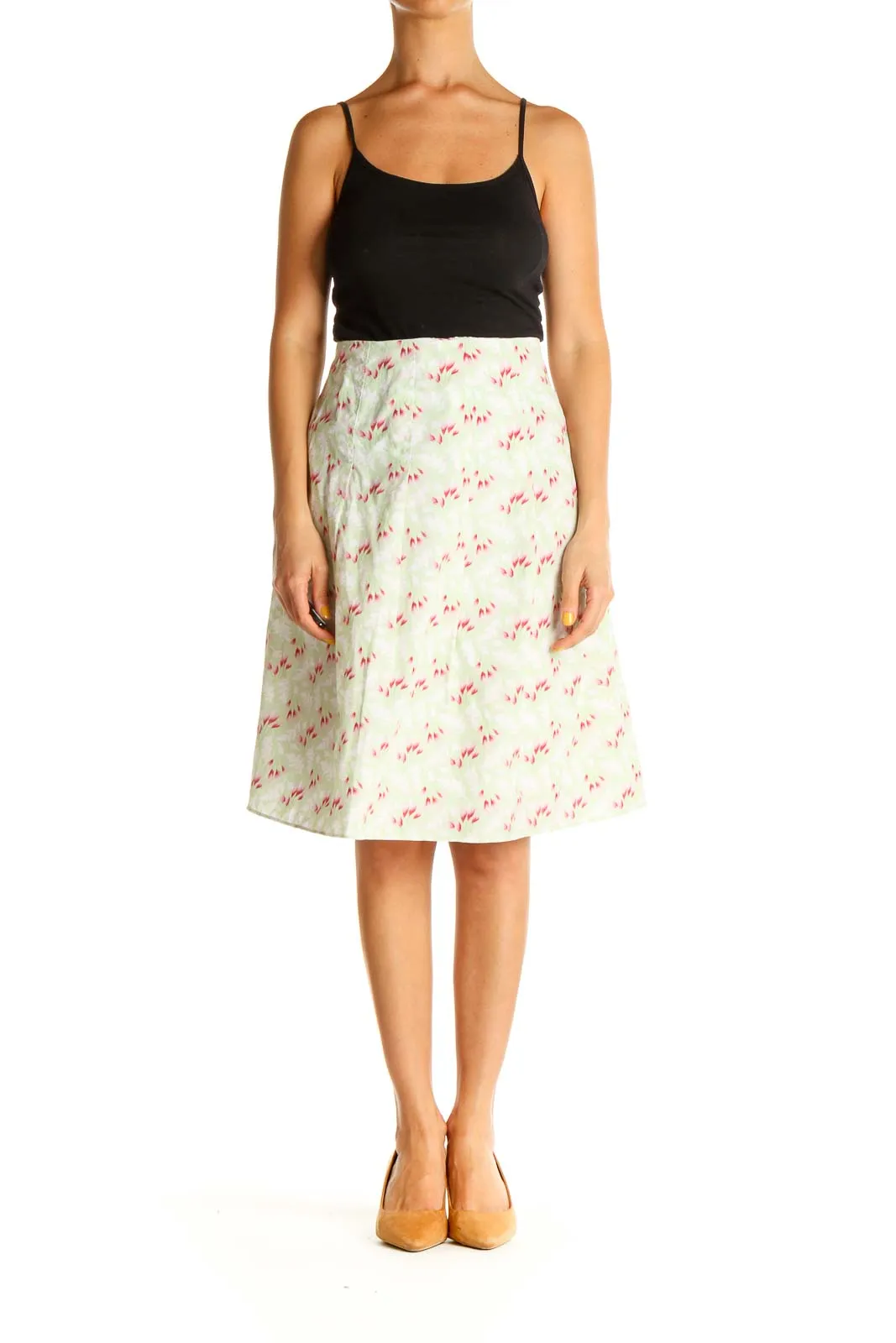 Beige Floral Print Chic A-Line Skirt