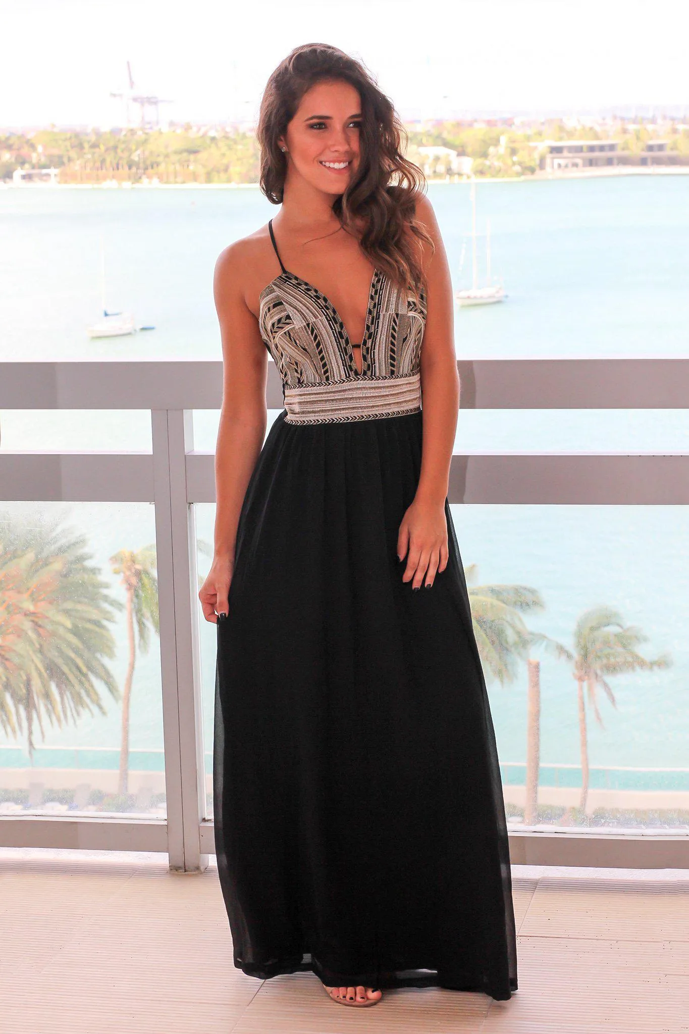 Black Maxi Dress with Gold Embroidered Top