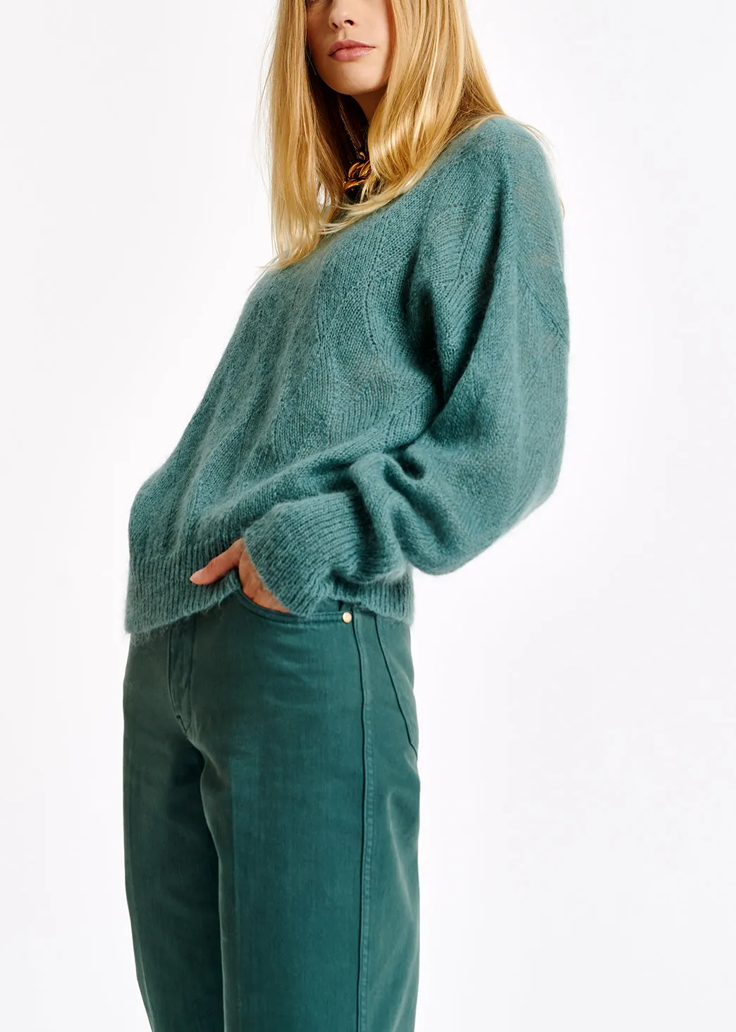 Blue ajour-knitted mohair sweater