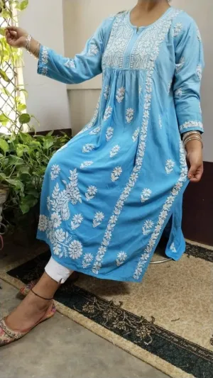 Blue Exclusive Chikankari Work Rayon Naira Cut Kurti and Pant Set