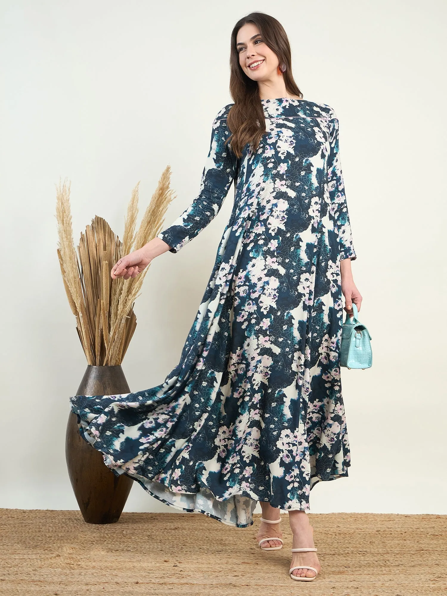 Blue Floral Flowy Gown Maxi Dress