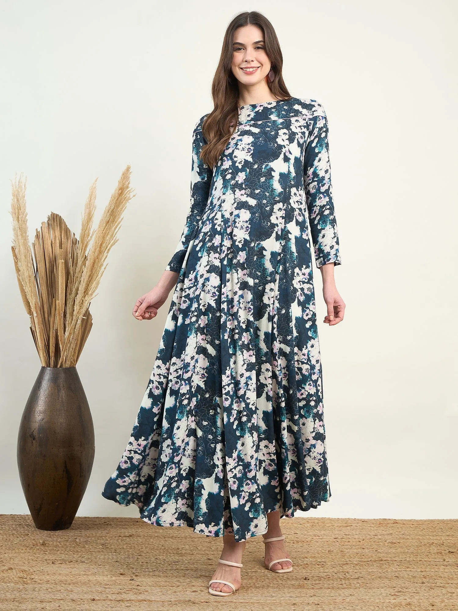 Blue Floral Flowy Gown Maxi Dress