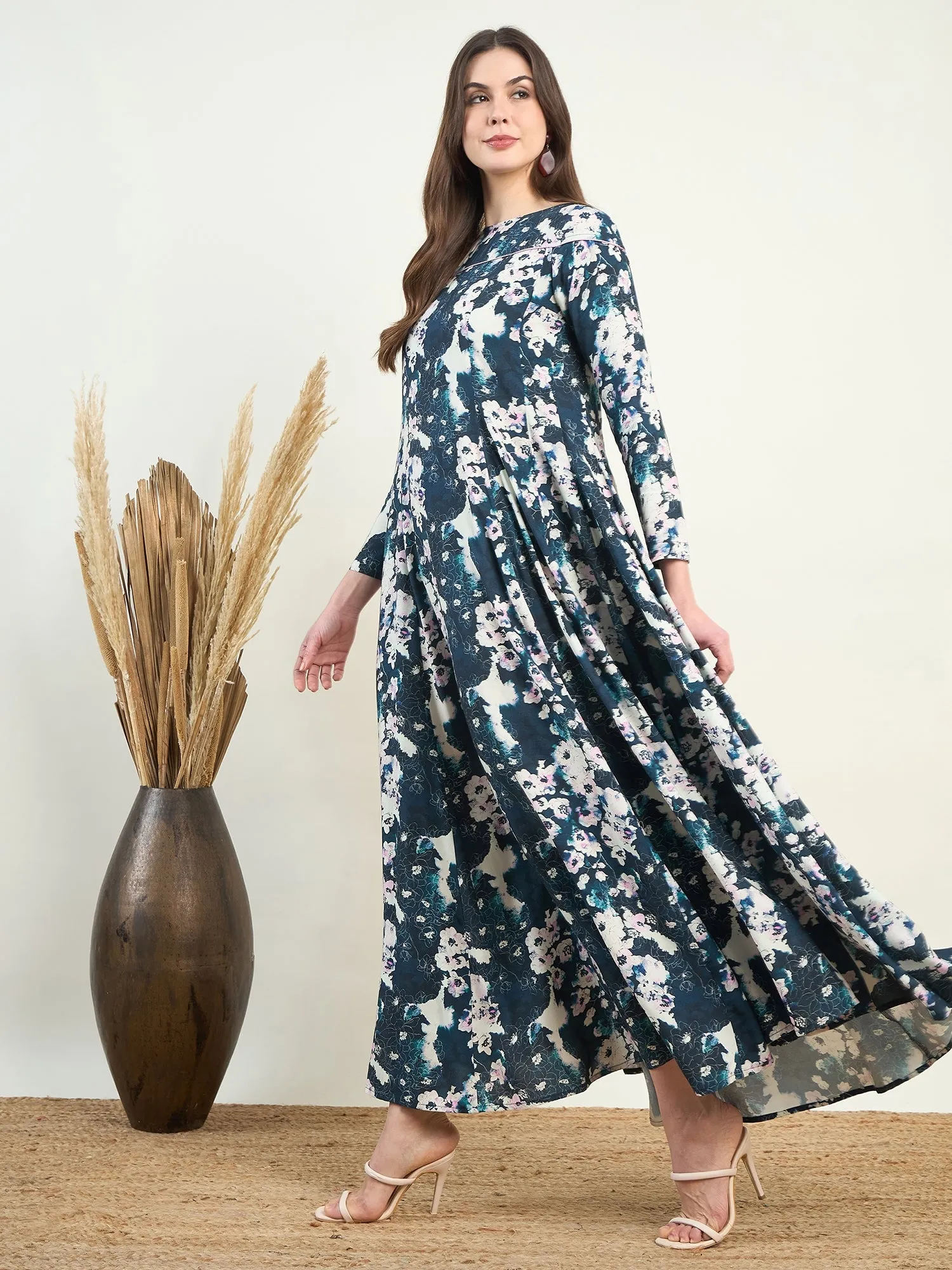 Blue Floral Flowy Gown Maxi Dress