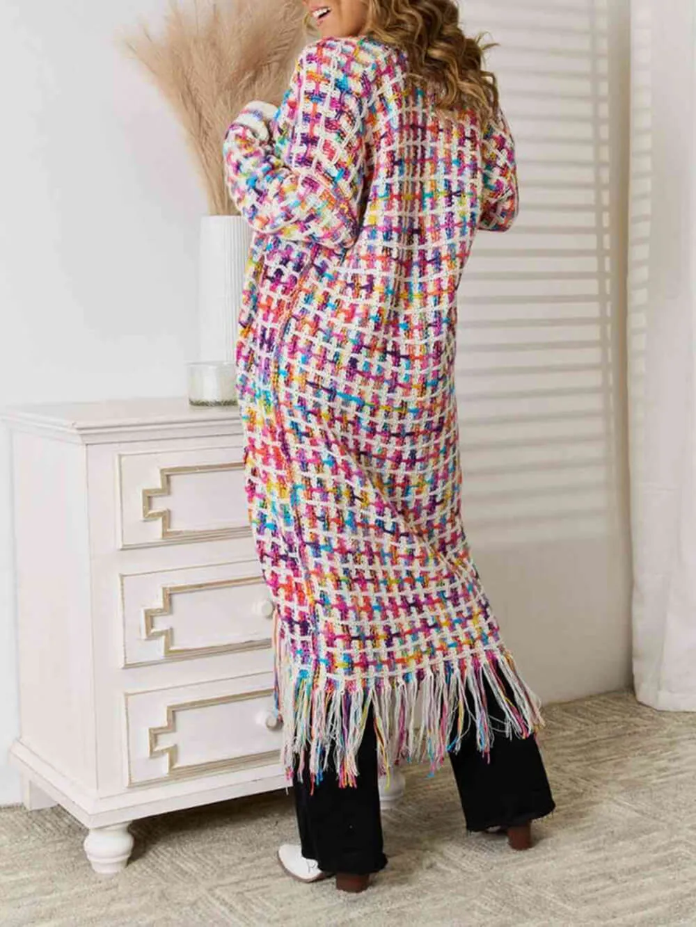 Boho Multicolor Fringe Hem Longline Cardigan