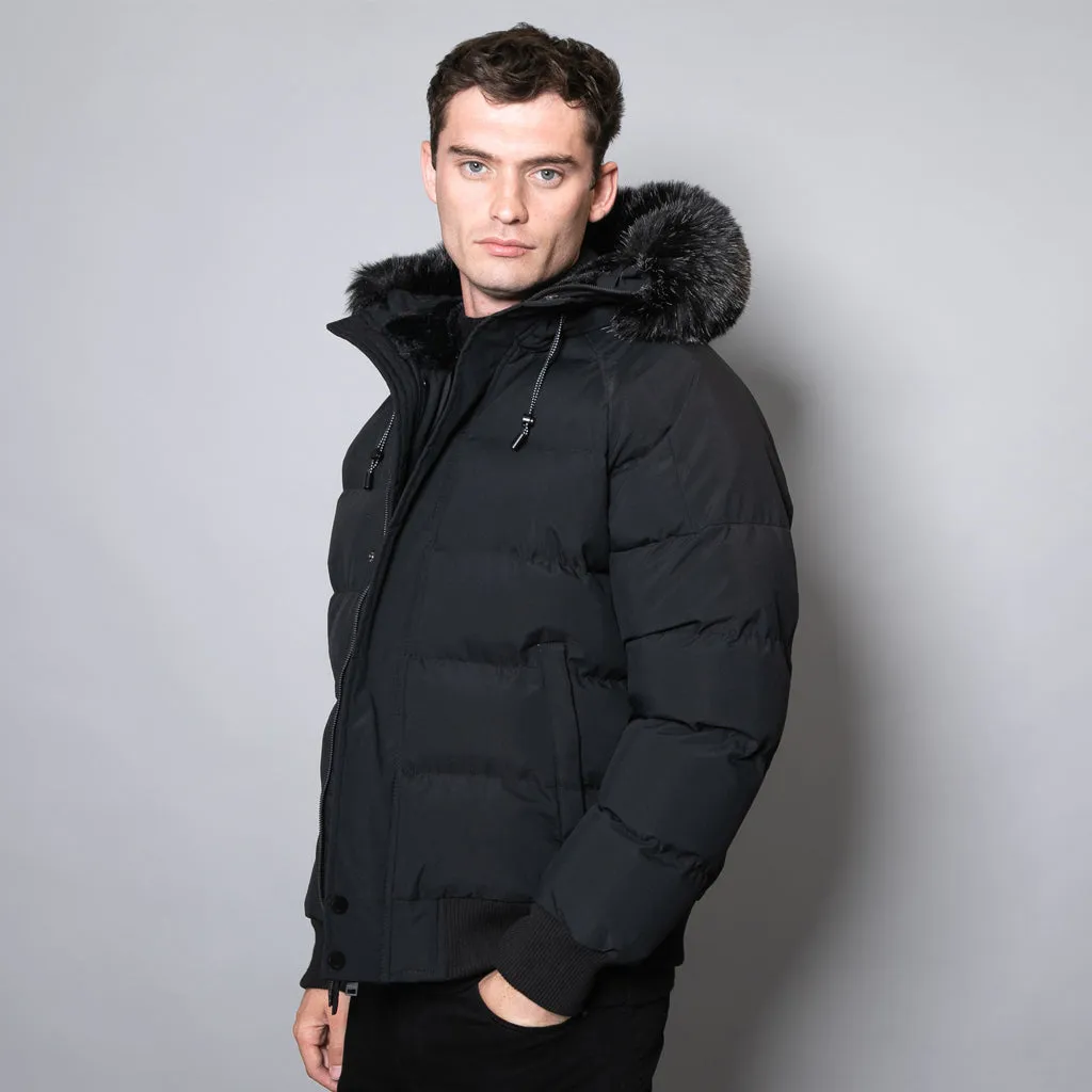 Camperdown Faux Fur Hooded Puffer Jacket In Black