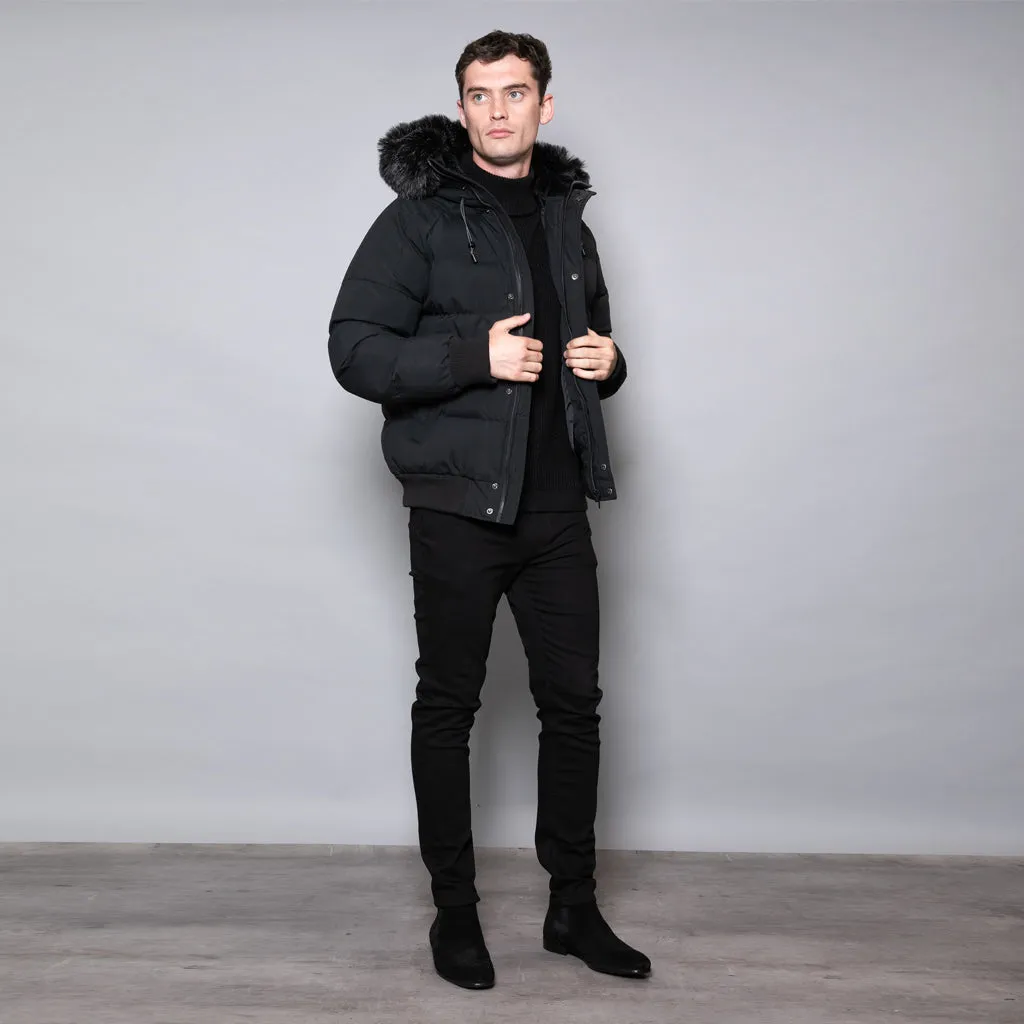 Camperdown Faux Fur Hooded Puffer Jacket In Black