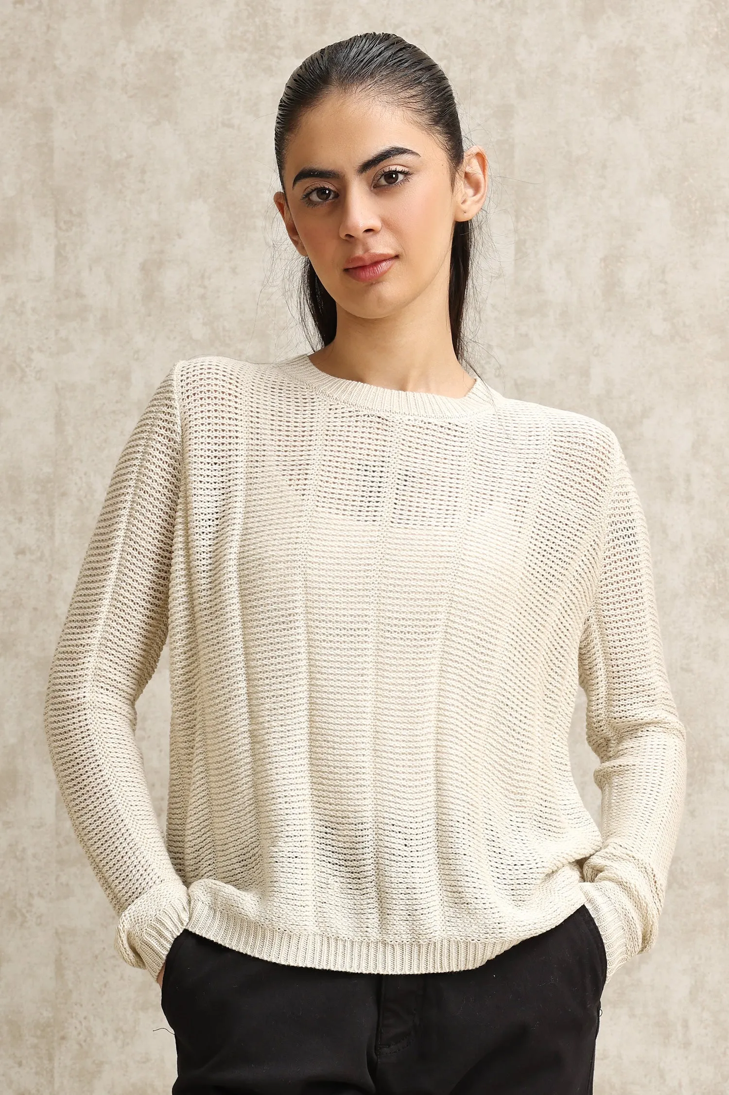 CASUAL MESH KNIT SWEATER-BEIGE