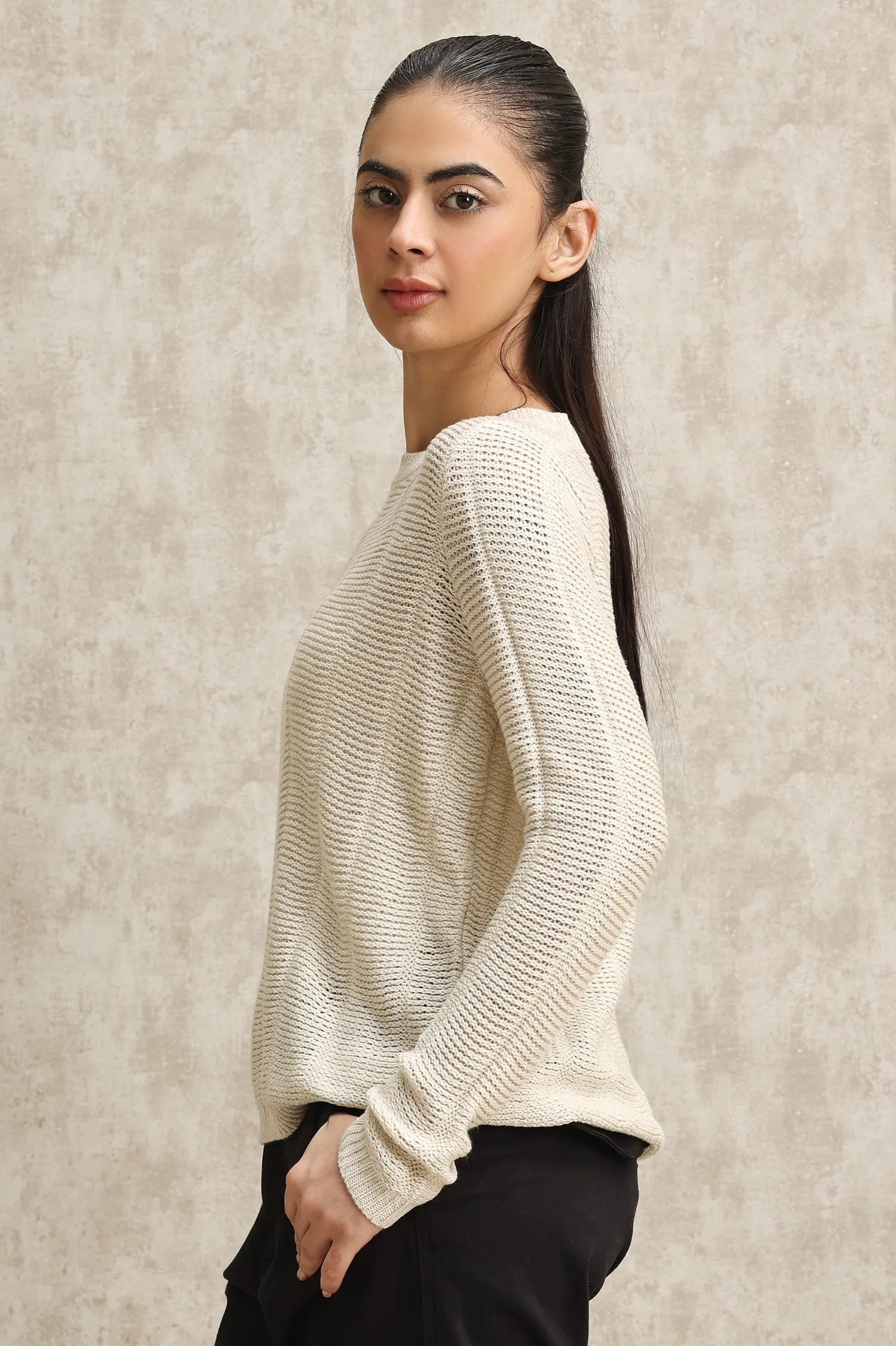 CASUAL MESH KNIT SWEATER-BEIGE