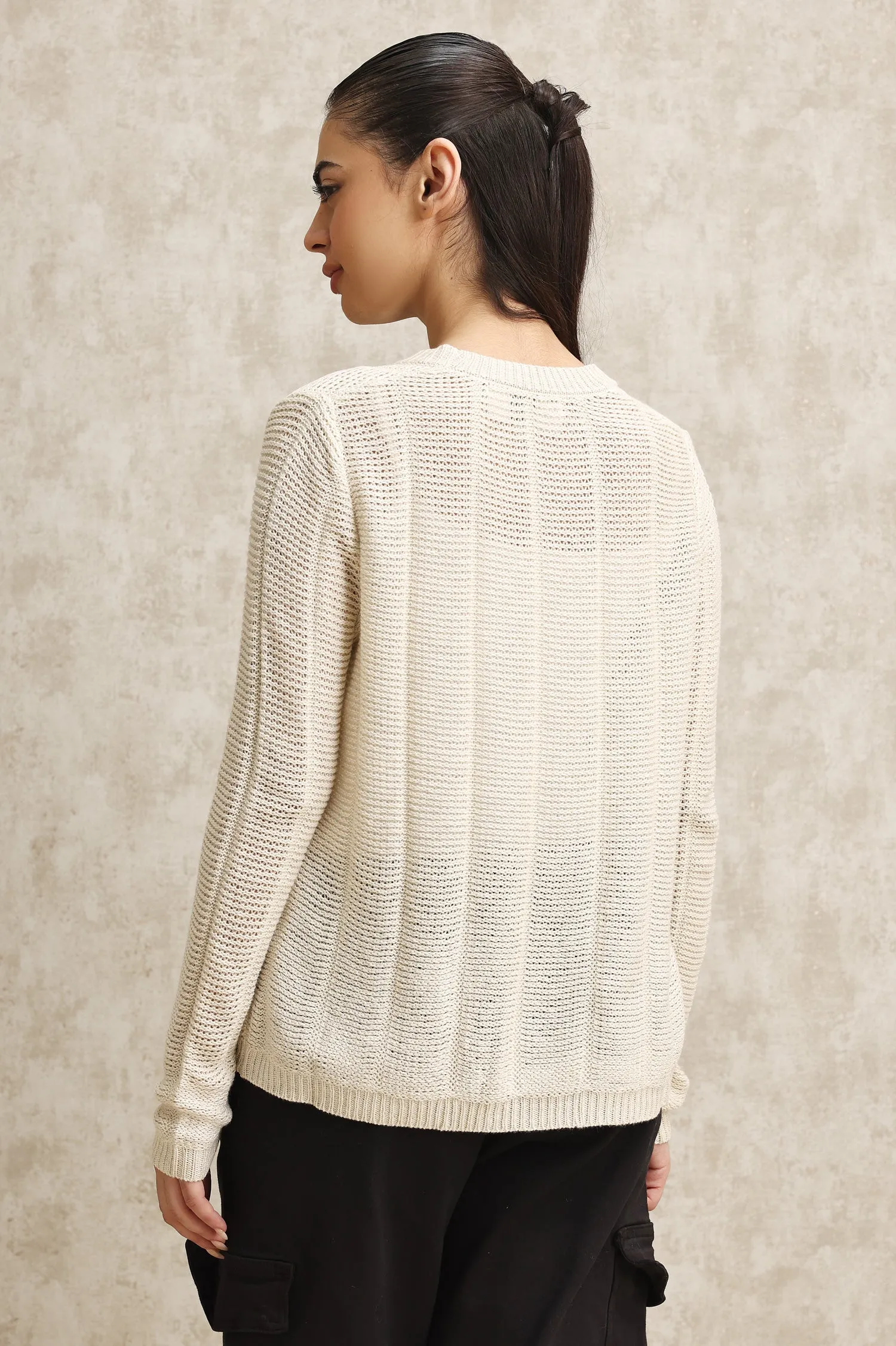 CASUAL MESH KNIT SWEATER-BEIGE