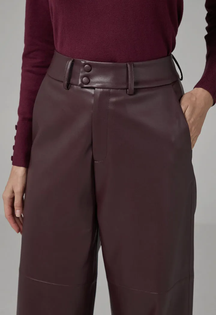 Choice Pu Leather Wide Legs Basic Trousers Burgundy