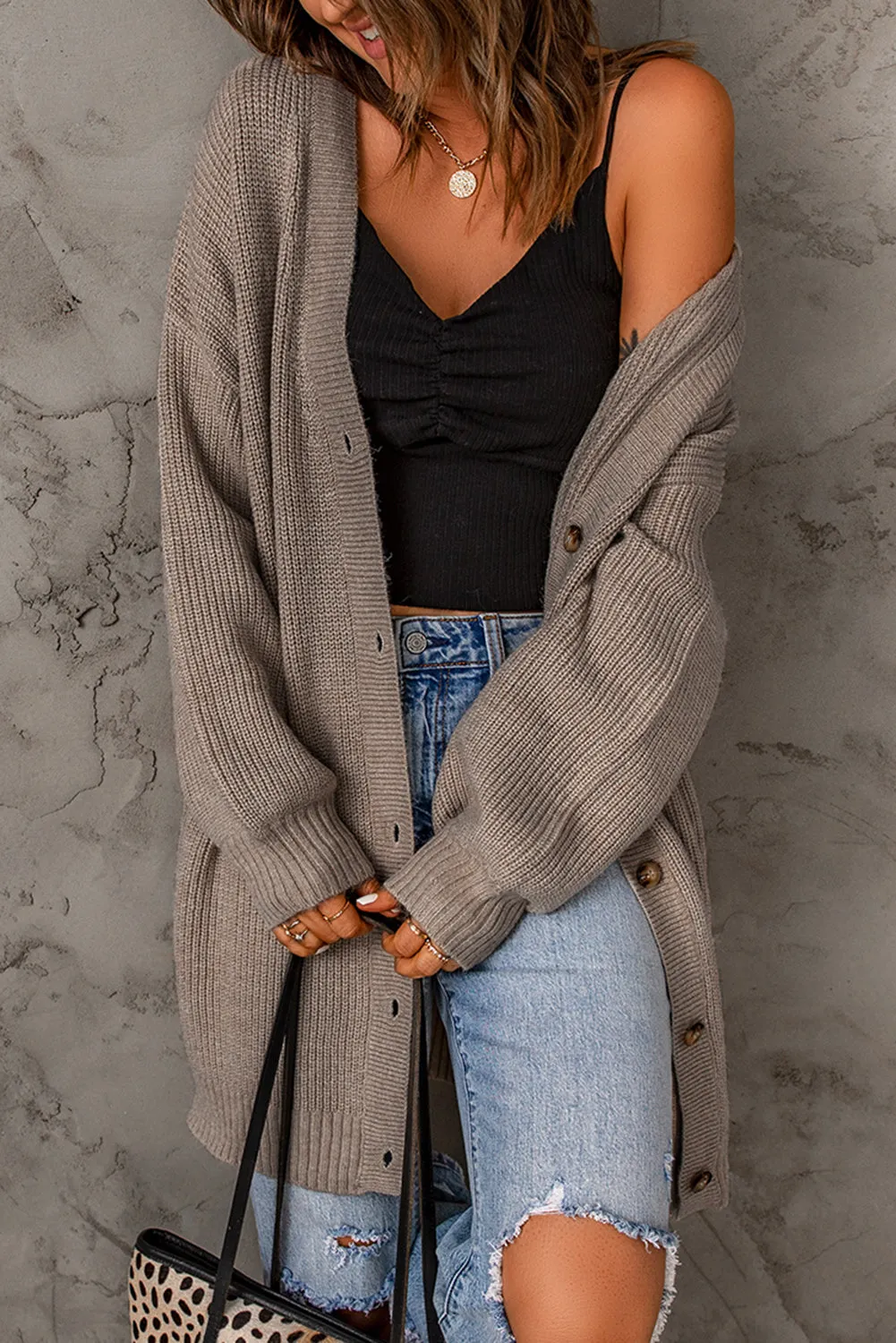 Drop Shoulder Buttons Front Long Cardigan