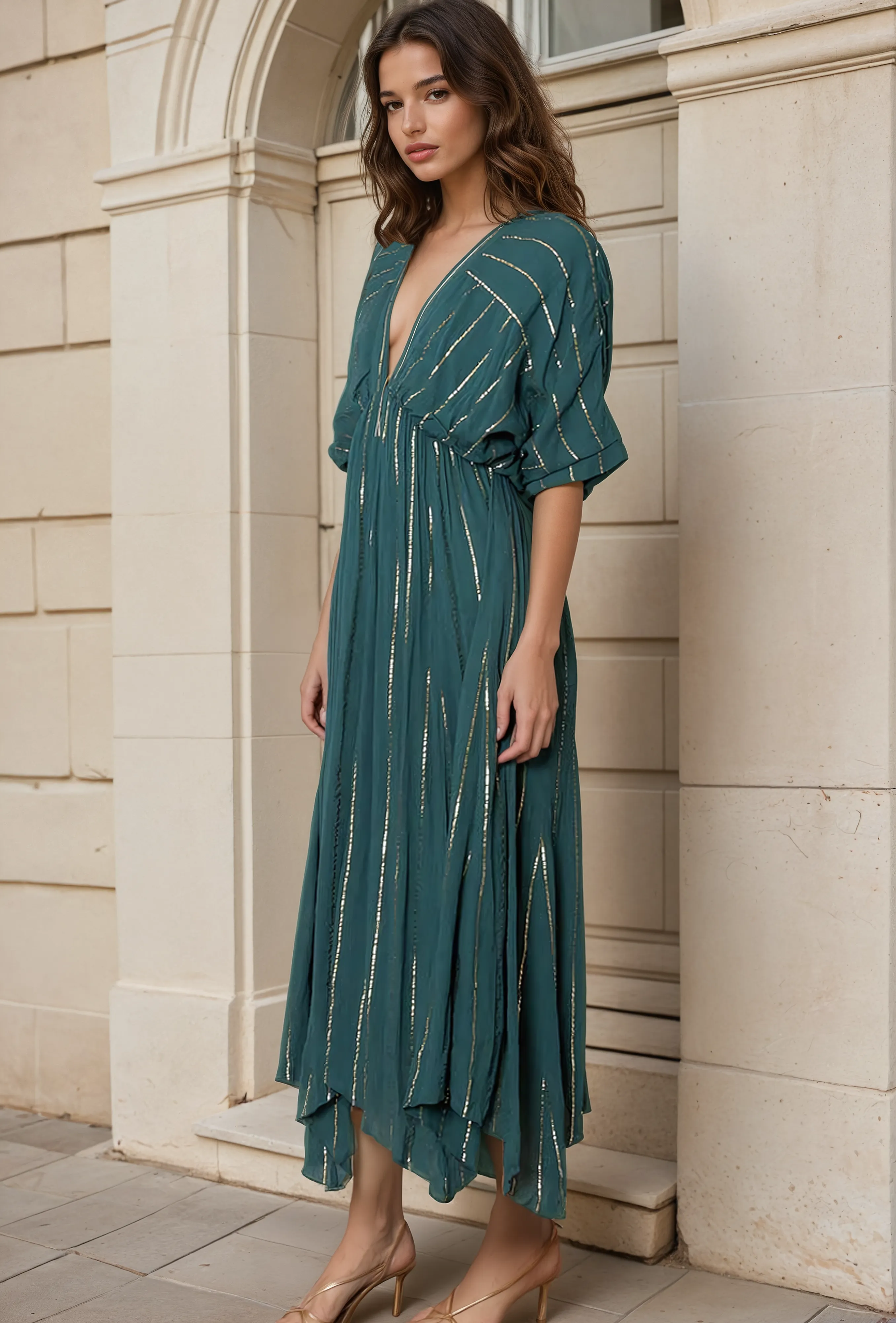 Emerald Striped Sequin Midi Dress