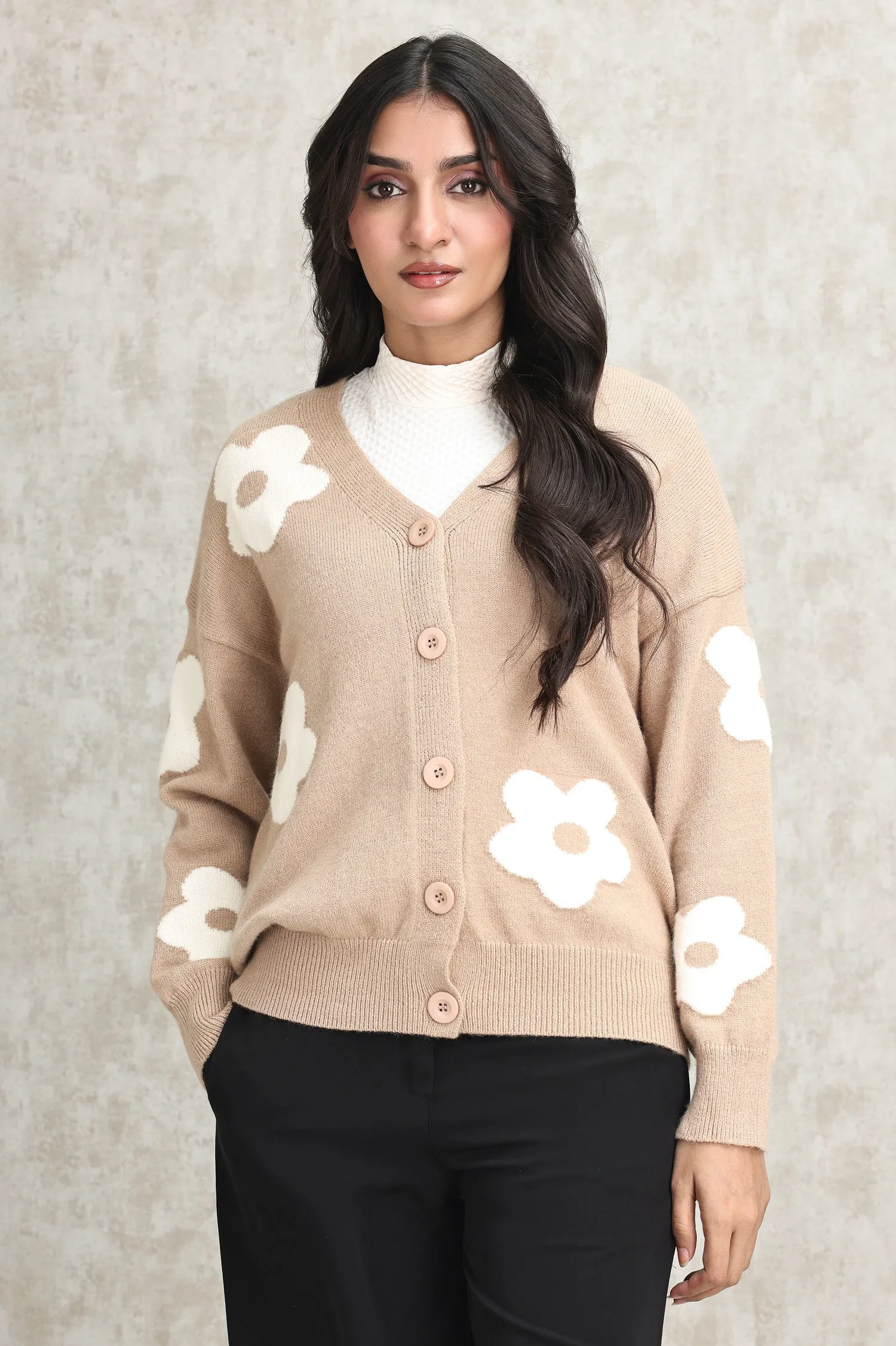 FLORAL KNIT CARDIGAN-BEIGE