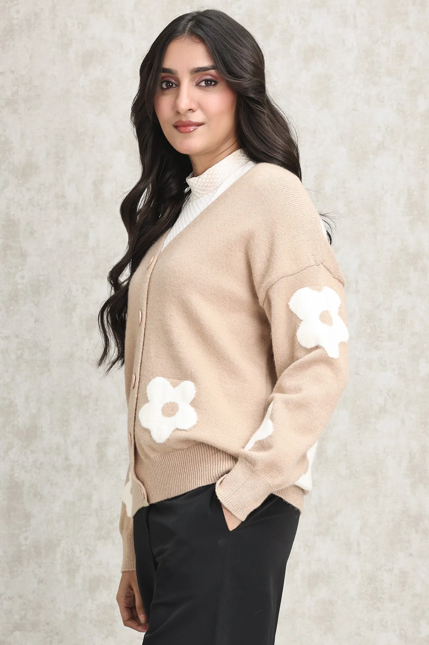 FLORAL KNIT CARDIGAN-BEIGE