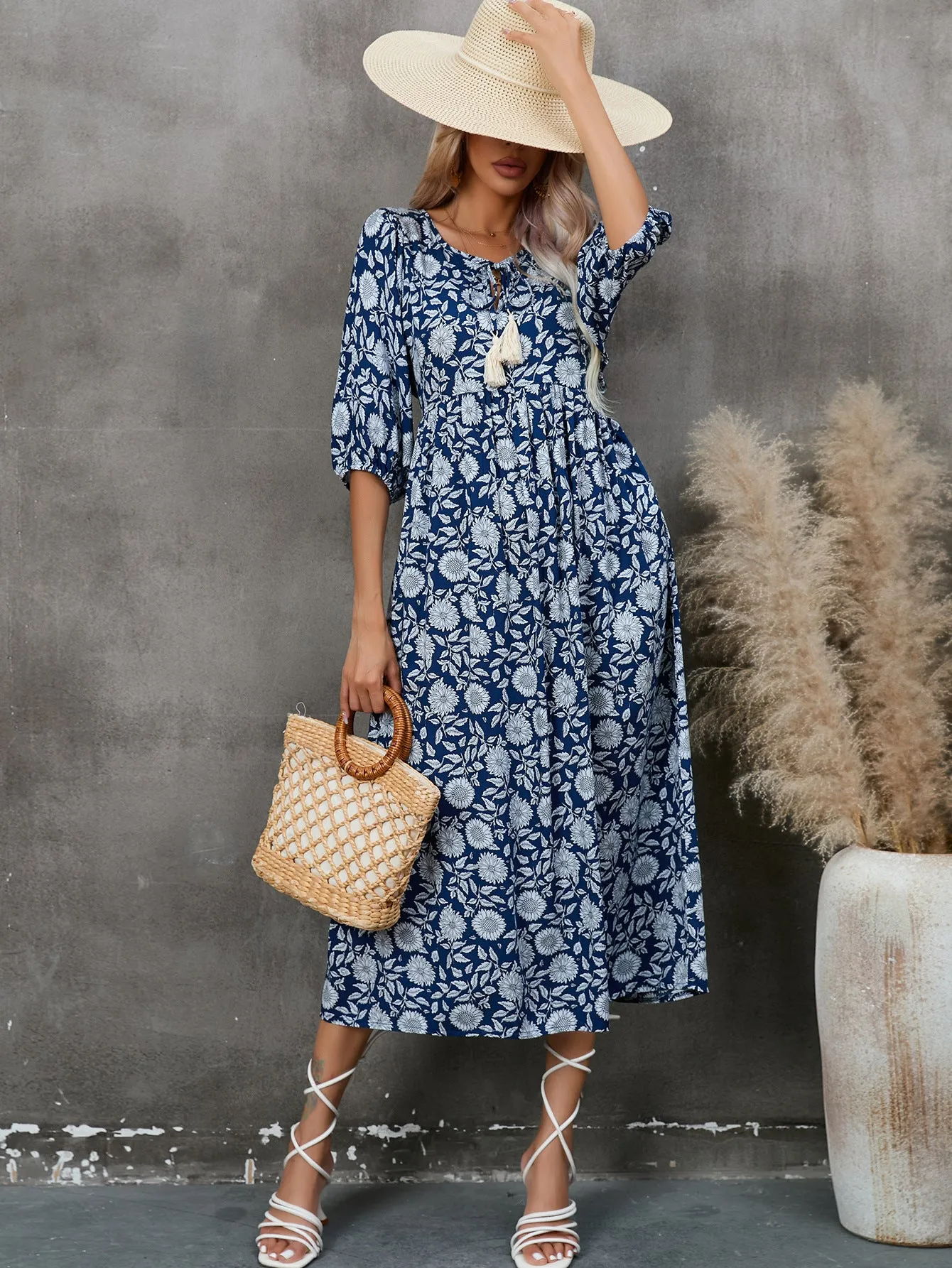 Flowy Printed Half-Sleeve Loose Bohemian Dress Wholesale Dresses