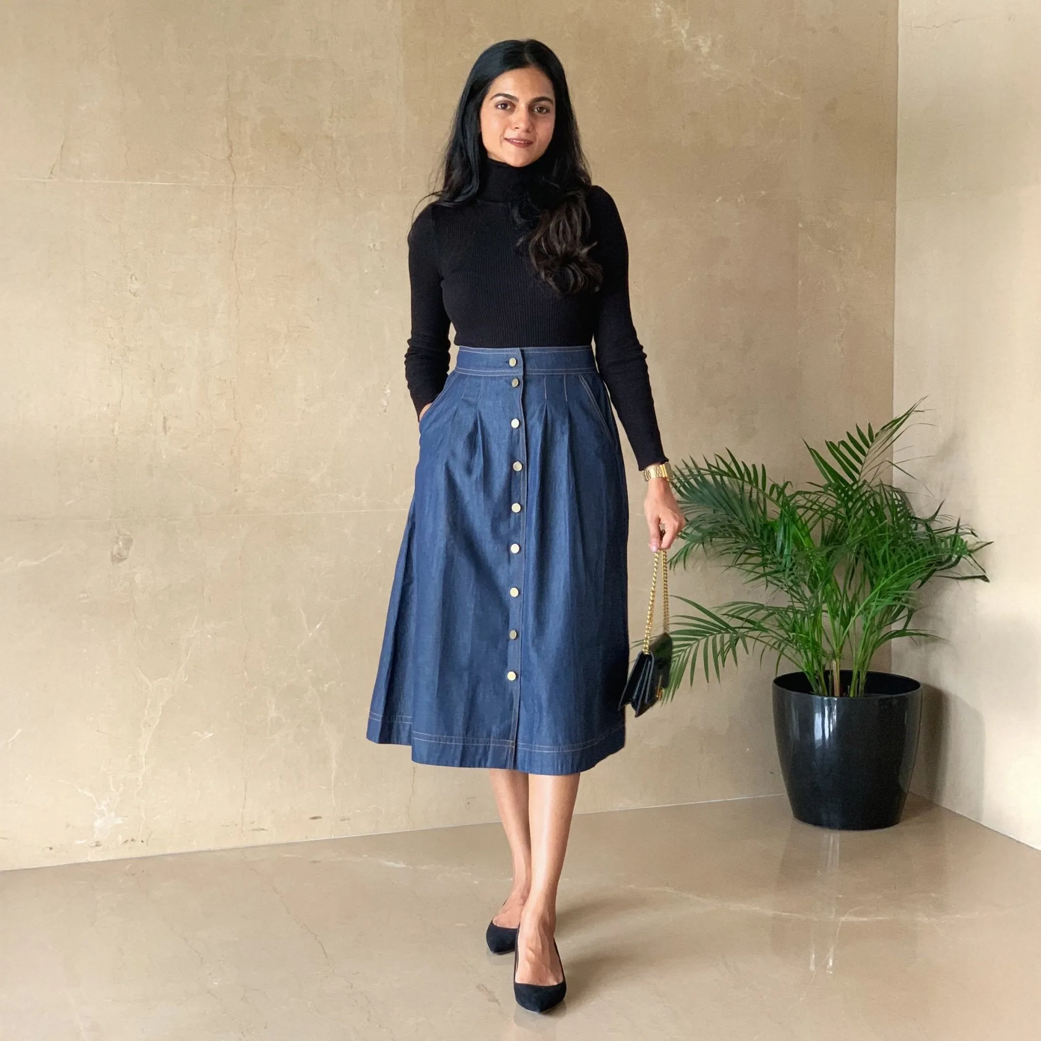 Indigo Cotton Denim High-Rise Button-Down Midi Skirt