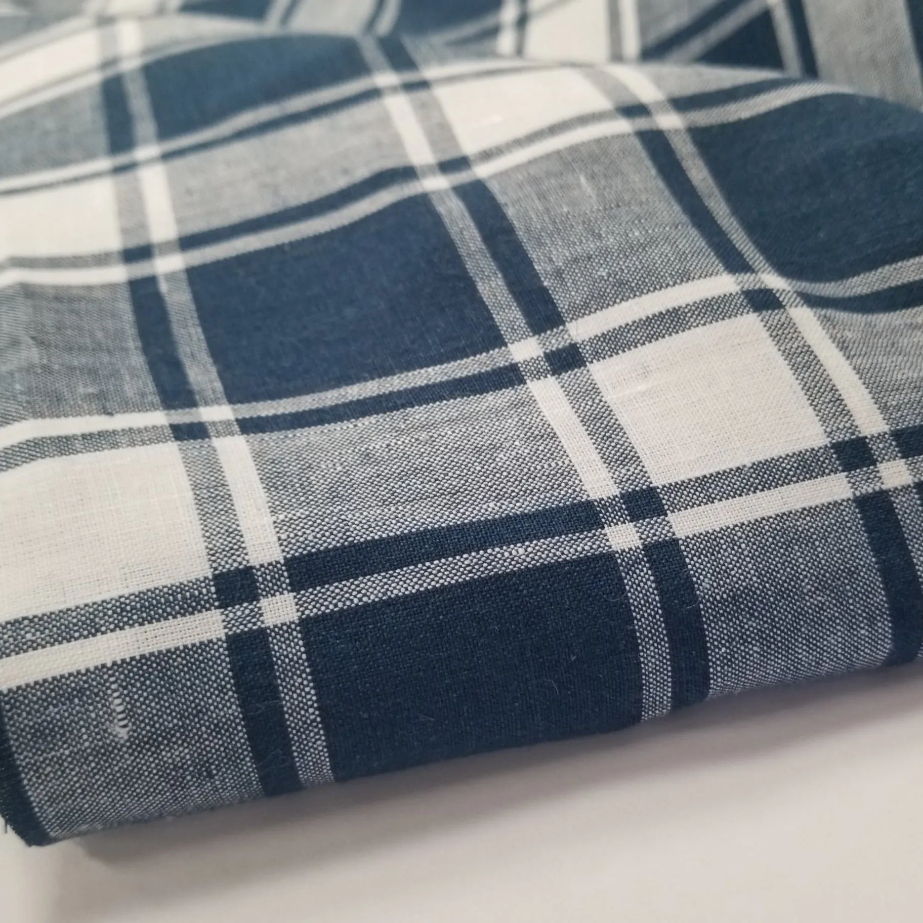 Irish Linen Plaid Navy and White Bryson Woven 194 GSM- by the yard