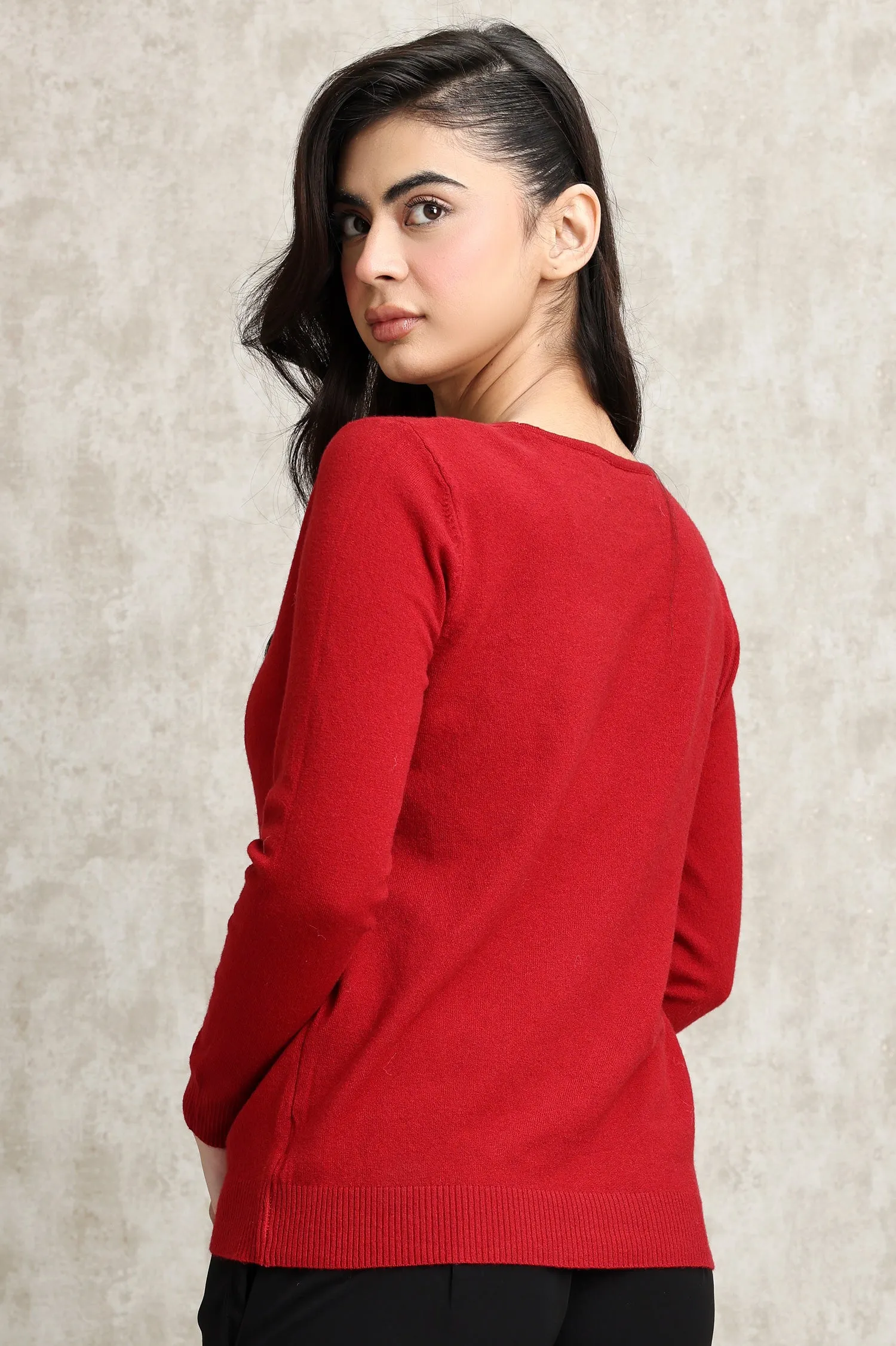 KNIT V-NECK SWEATER-MAROON