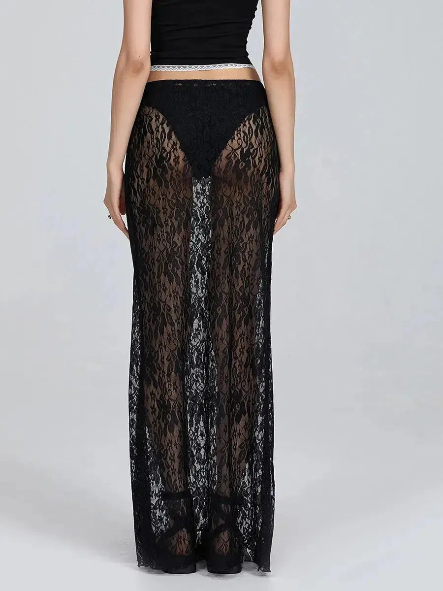 Lace Sheer Low Rise Maxi Skirt