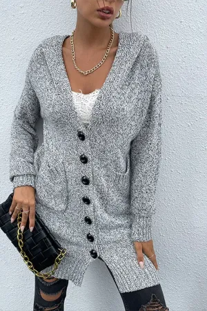 Long Gray Knit Dual Pocket Hooded Cardigan