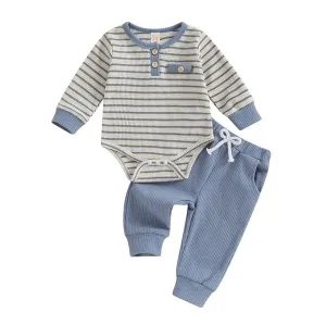 Long Sleeve Striped Waffle Baby Set