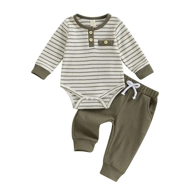 Long Sleeve Striped Waffle Baby Set