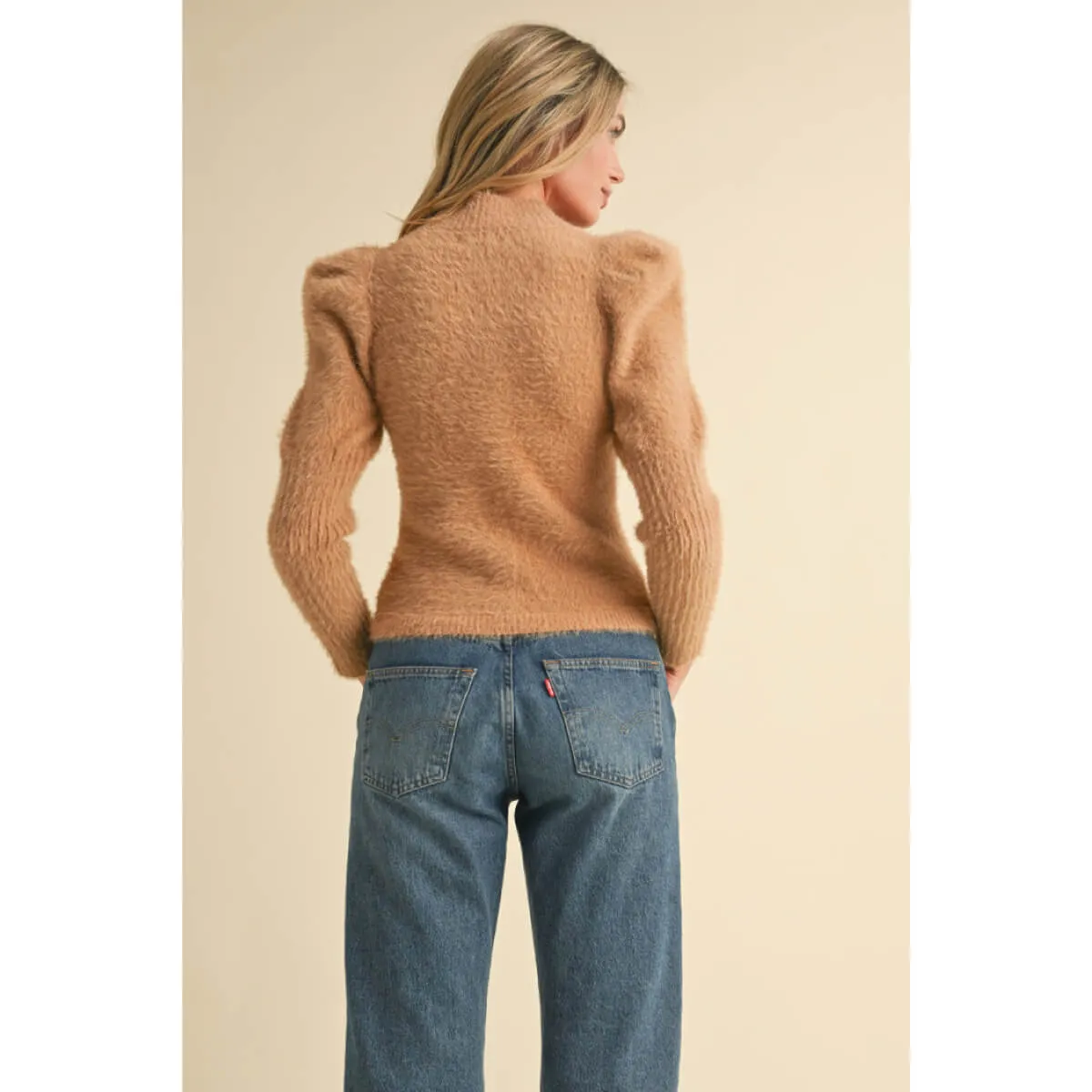 Mock Neck Puff Shoulder Mohair Sweater