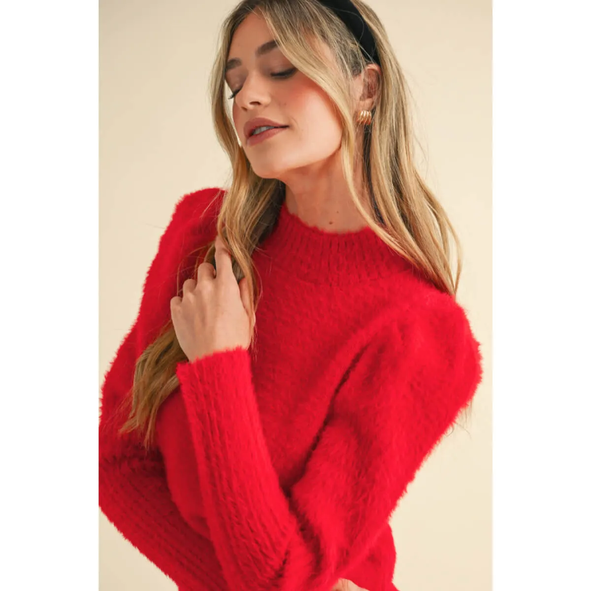 Mock Neck Puff Shoulder Mohair Sweater