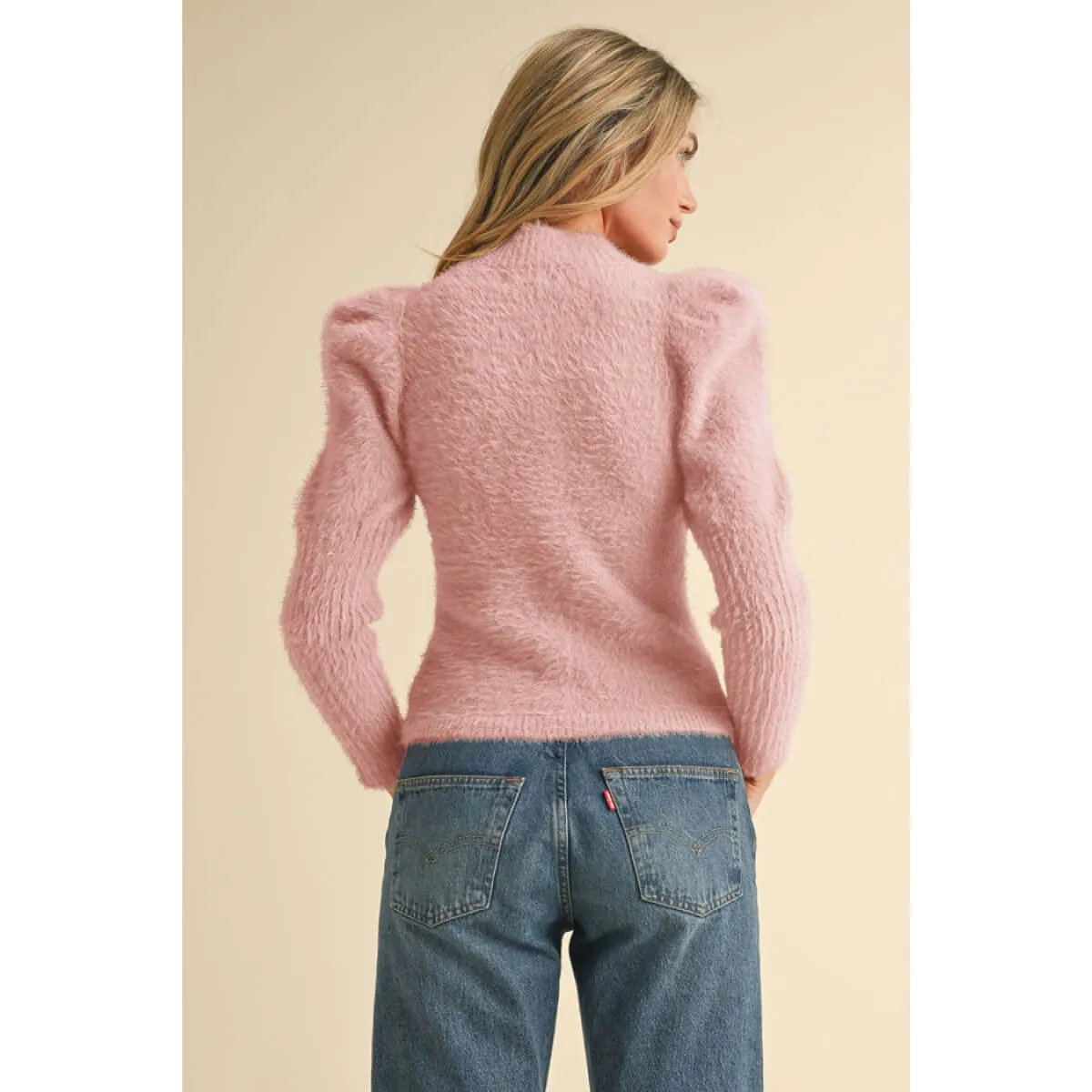 Mock Neck Puff Shoulder Mohair Sweater