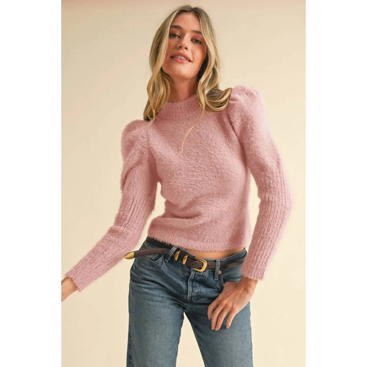 Mock Neck Puff Shoulder Mohair Sweater