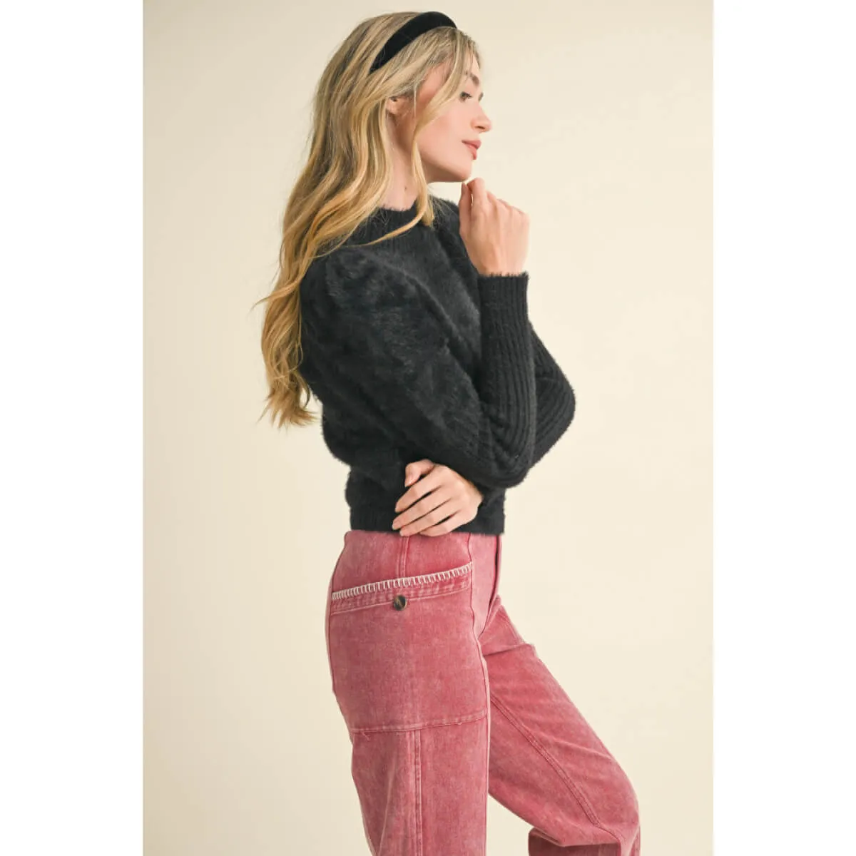 Mock Neck Puff Shoulder Mohair Sweater