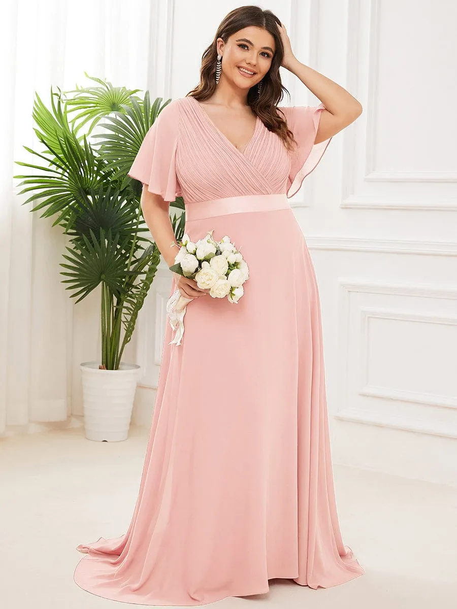 Monica | Plus Size Empire Waist V Back Bridesmaid Dress with Short Sleeves