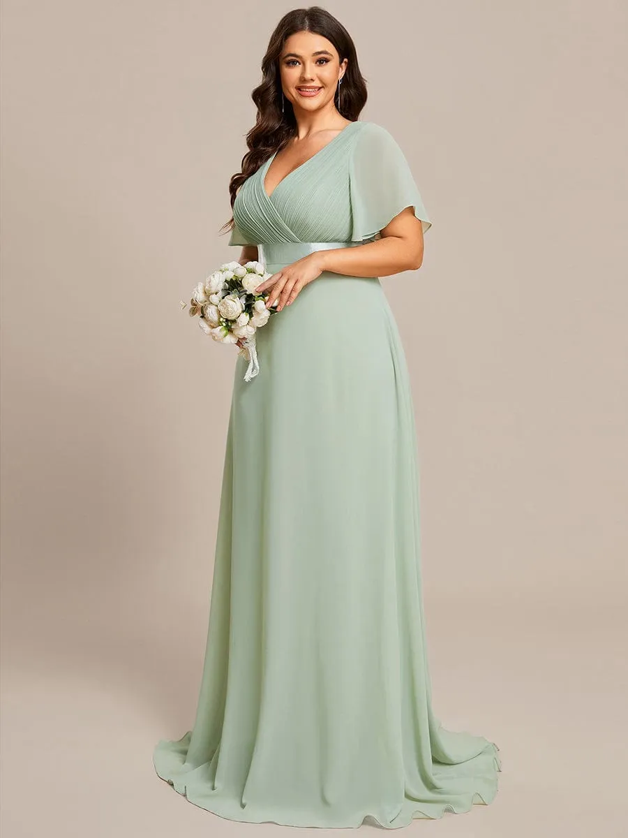 Monica | Plus Size Empire Waist V Back Bridesmaid Dress with Short Sleeves