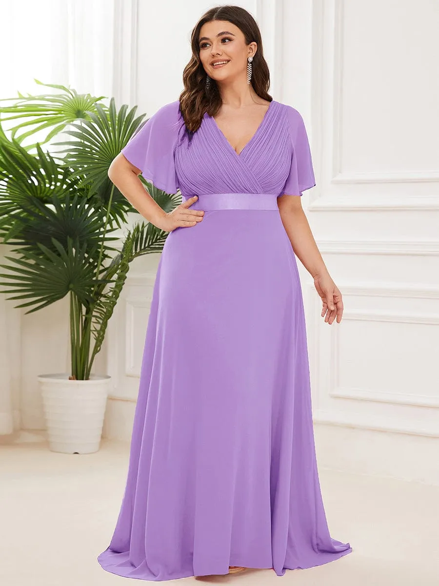 Monica | Plus Size Empire Waist V Back Bridesmaid Dress with Short Sleeves