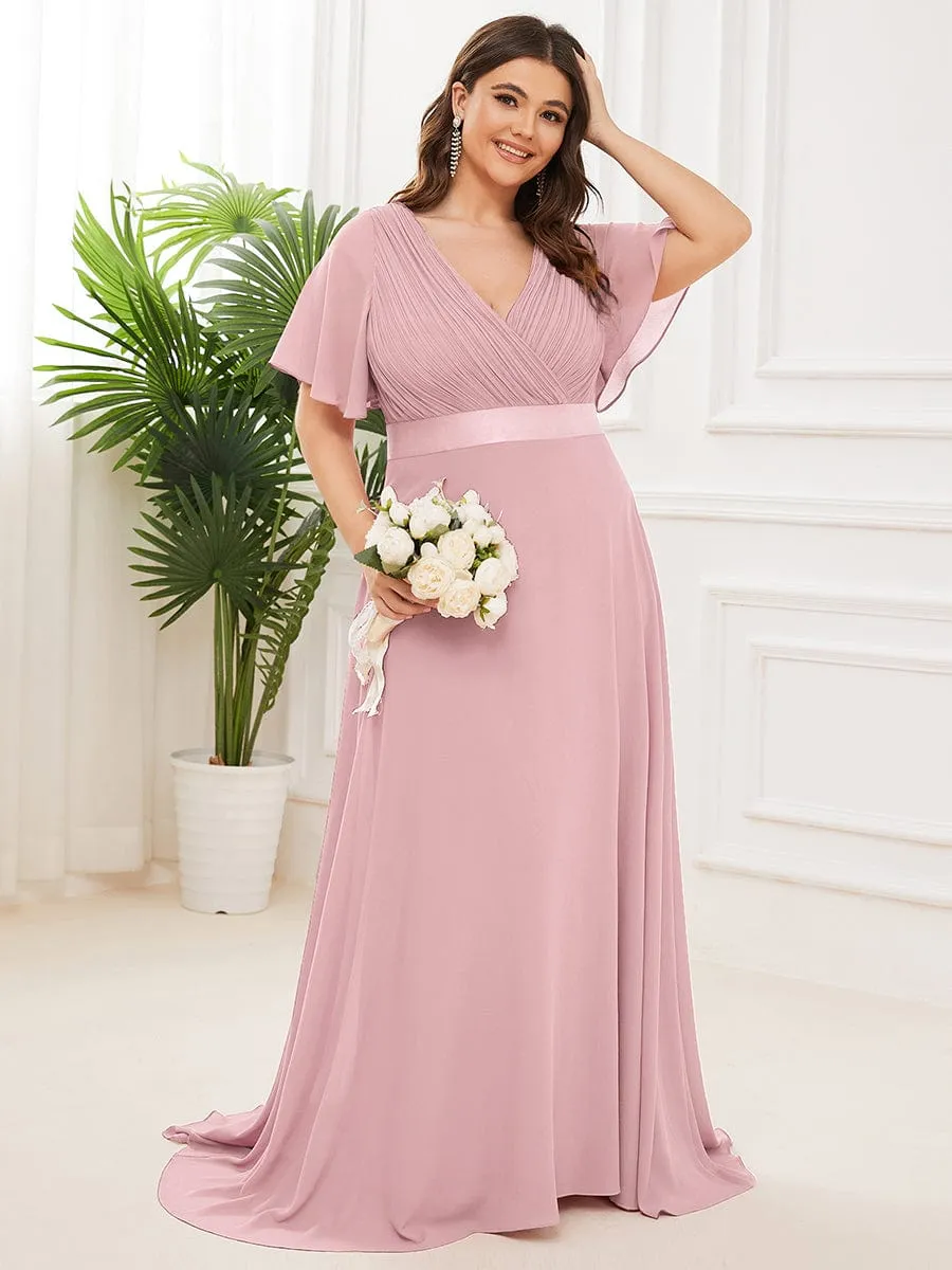 Monica | Plus Size Empire Waist V Back Bridesmaid Dress with Short Sleeves