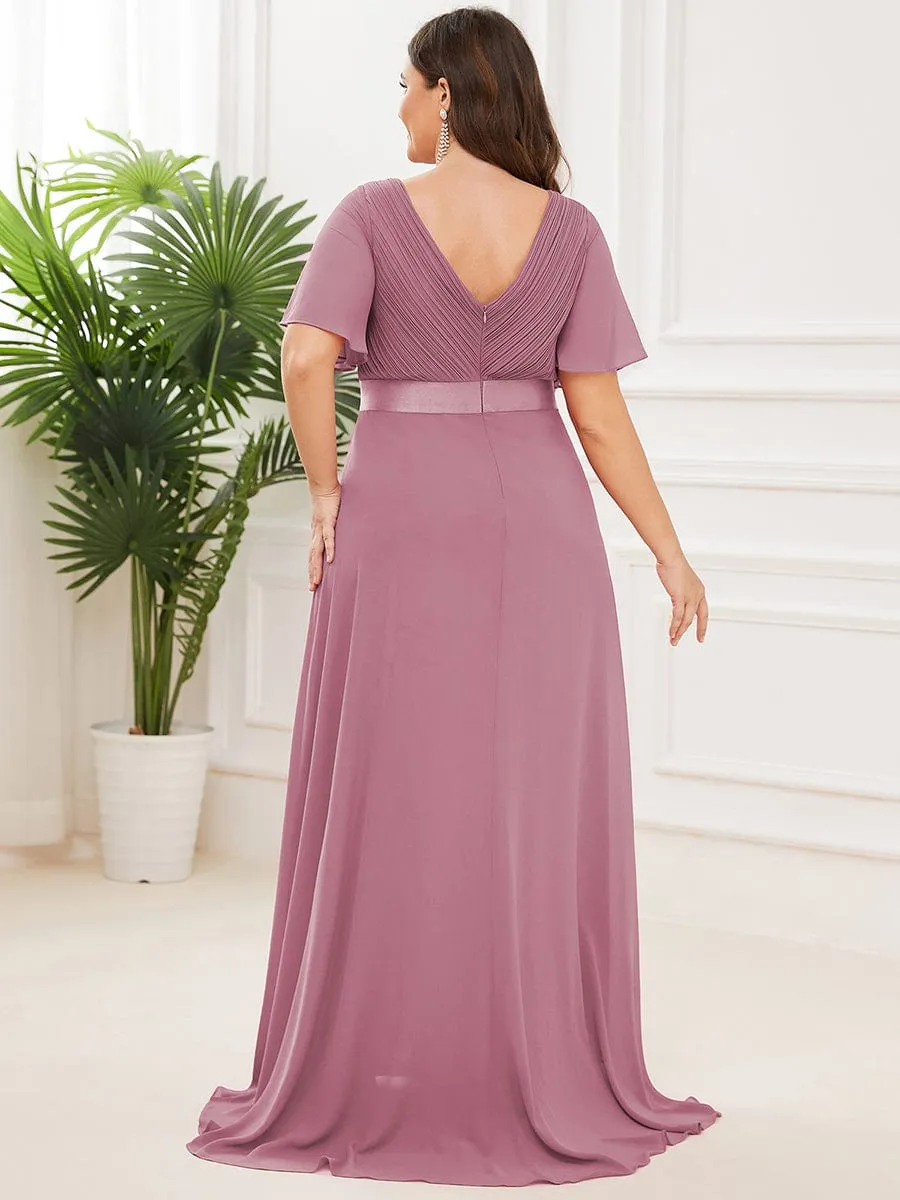 Monica | Plus Size Empire Waist V Back Bridesmaid Dress with Short Sleeves