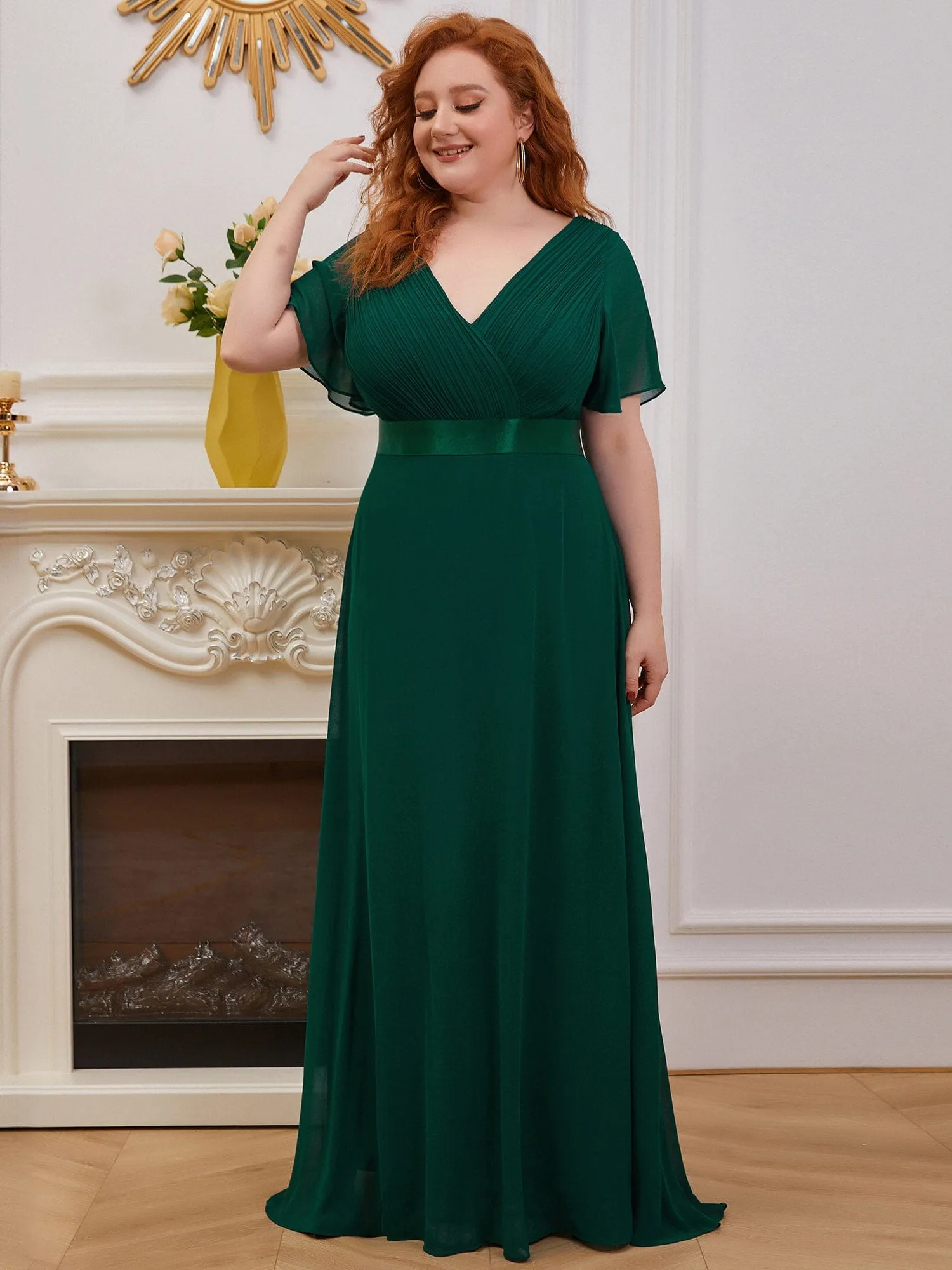 Monica | Plus Size Empire Waist V Back Bridesmaid Dress with Short Sleeves