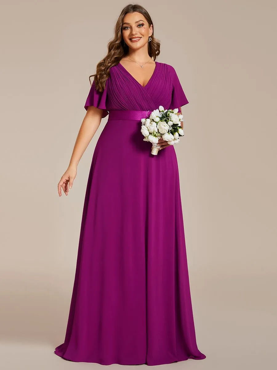 Monica | Plus Size Empire Waist V Back Bridesmaid Dress with Short Sleeves