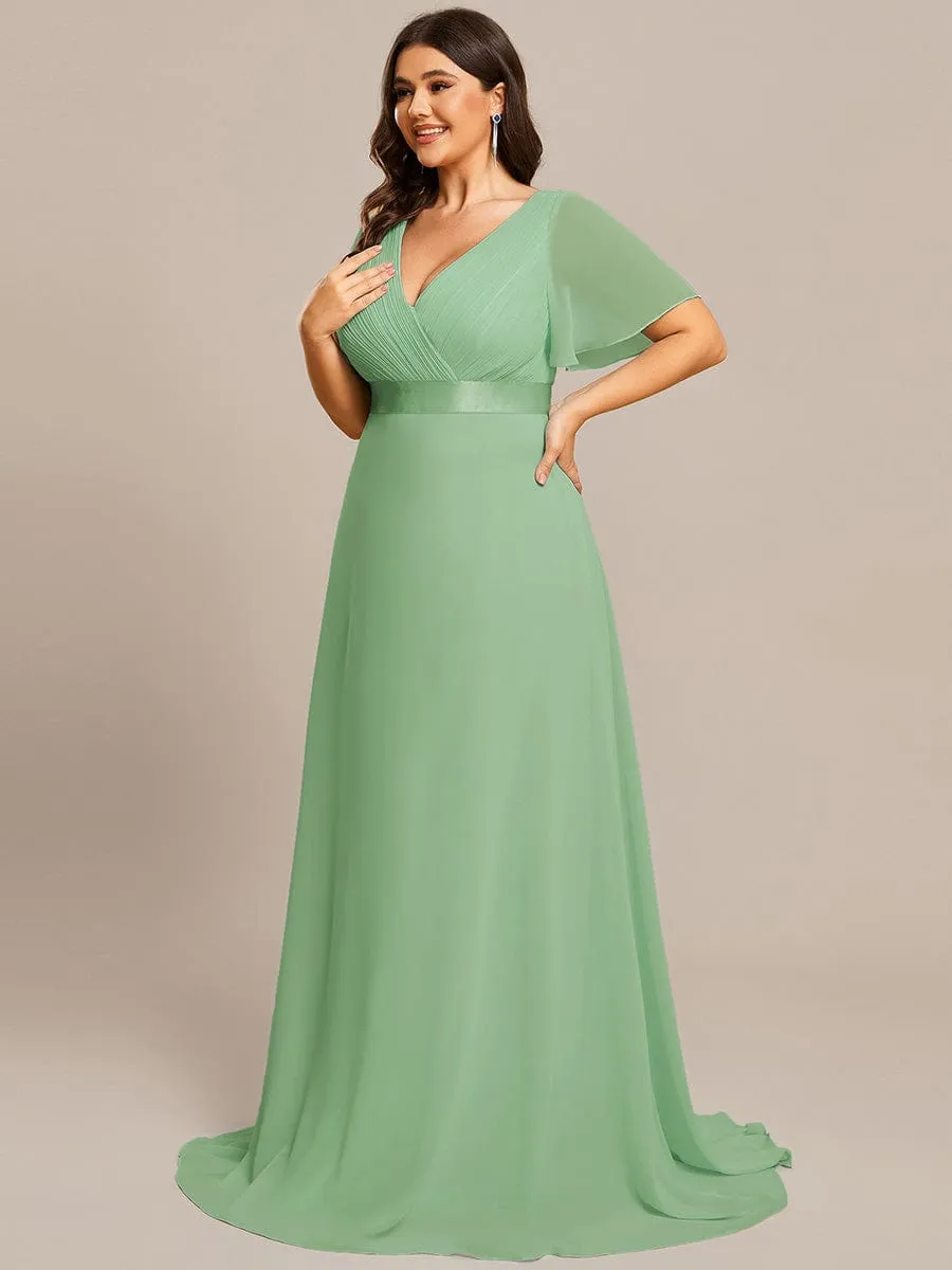 Monica | Plus Size Empire Waist V Back Bridesmaid Dress with Short Sleeves