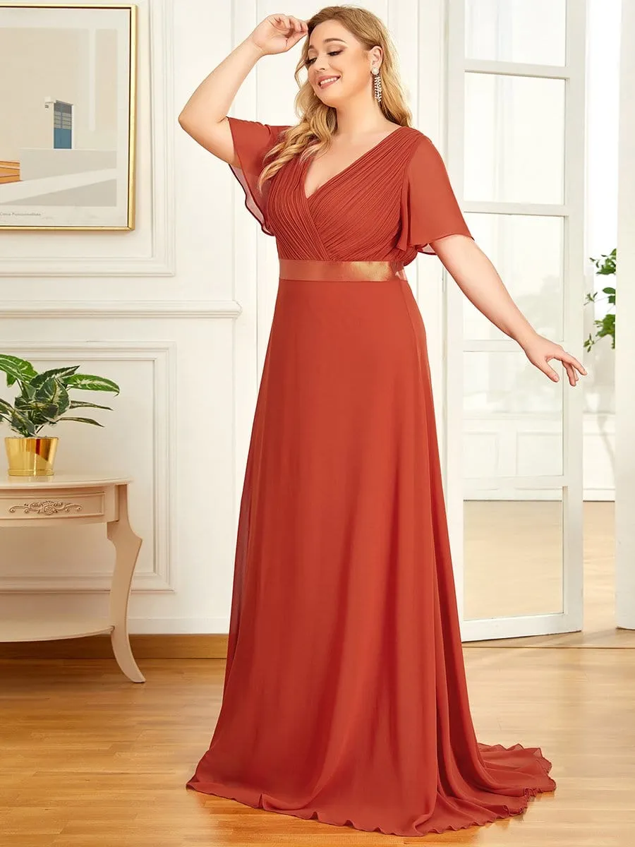 Monica | Plus Size Empire Waist V Back Bridesmaid Dress with Short Sleeves